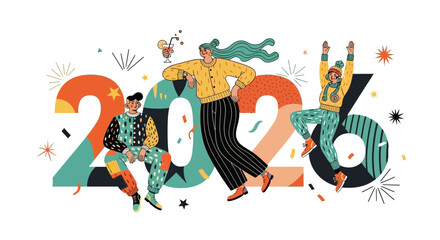 Vibrant group of friends celebrating the upcoming New Year 2026 with joy and excitement, surrounded by festive confetti and colorful dynamic illustrations