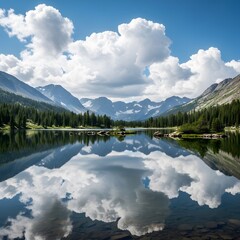 A serene mountain lake perfectly reflects the dramatic sky and surrounding alpine forest under white clouds.