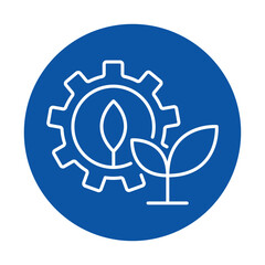 Sustainable Development Icon with Gear and Leaf Symbol on Blue Background