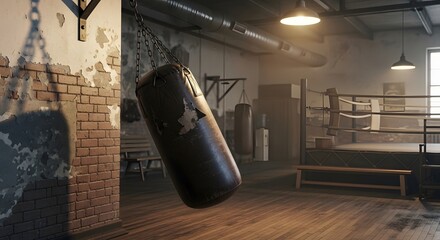 An atmospheric vintage boxing gym with a punching bag and a boxing ring bathed in warm, dramatic light.