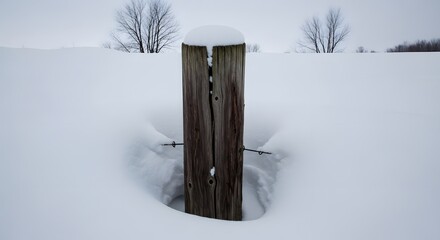 Old wooden fence post buried in deep snow on a desolate winter day.