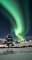 Mesmerizing Northern Lights illuminate a pristine snowy winter landscape with majestic mountains.