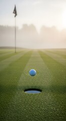 A perfect blue golf ball hovers above the hole on a serene, misty golf course at dawn.