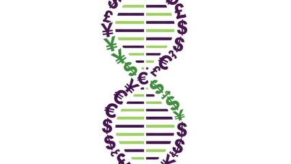 DNA structure formed by currency symbols representing financial concepts.