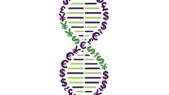 DNA structure formed by currency symbols representing financial concepts.