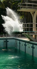 Dynamic water splash erupting from an old outdoor swimming pool with a high diving board.