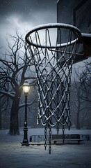 Snow-covered basketball hoop in a peaceful winter park at night, illuminated by a warm street lamp.