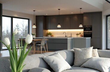 Modern open concept living and kitchen area. Gray cabinetry and island blend with white tulips on dining table. Natural light streams through large windows.