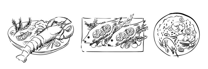 Hand-drawn Italian food doodle border frame with wine bottles, lemons, pasta, and Mediterranean dishes. Perfect for restaurant menus, kitchen decor. Vector sketch illustration