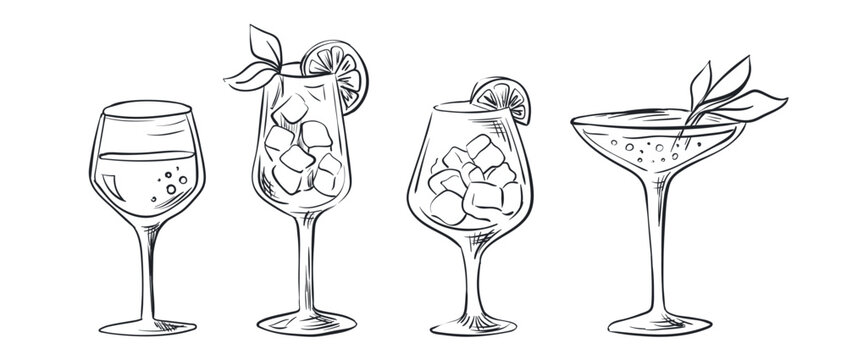 Hand-drawn doodles cocktails. Perfect for restaurant menus, kitchen decor, or culinary design projects. Vector sketch illustration