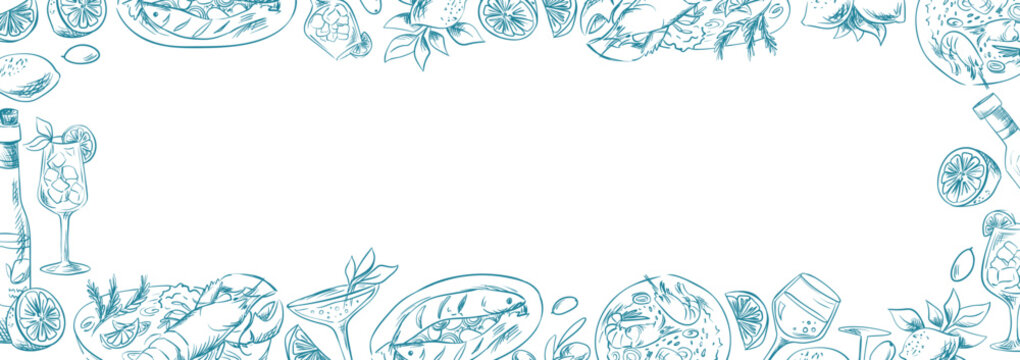 Hand-drawn Italian food doodle border frame with wine bottles, lemons, pasta, and Mediterranean dishes. Perfect for restaurant menus, kitchen decor. Vector sketch illustration