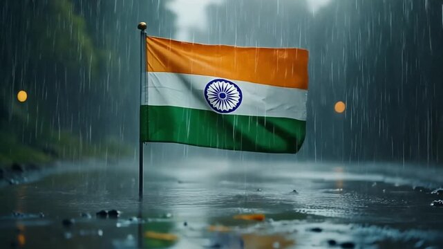 Indian flag waves proudly in the heavy rain, reflecting national spirit amidst monsoon weather
