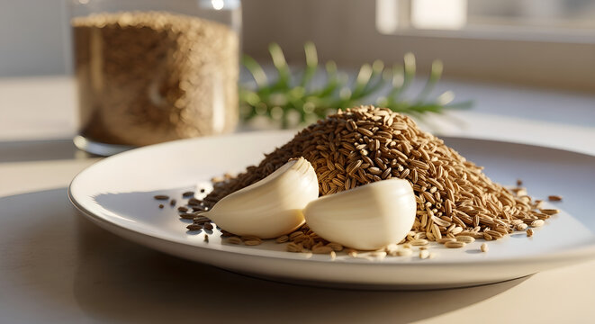 Garlic Cloves Cumin Seeds White Plate Kitchen Ingredients Copy Space