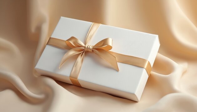 White gift box with gold ribbon lies on beige silk fabric. Elegant present ready for any special occasion, celebration, holiday event or retail promotion. Customizable surprise package.