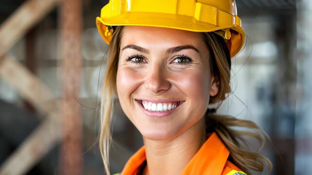 Confident Female Construction Worker: A radiant female construction worker, adorned in a yellow safety helmet, and reflective vest, beams with confidence.