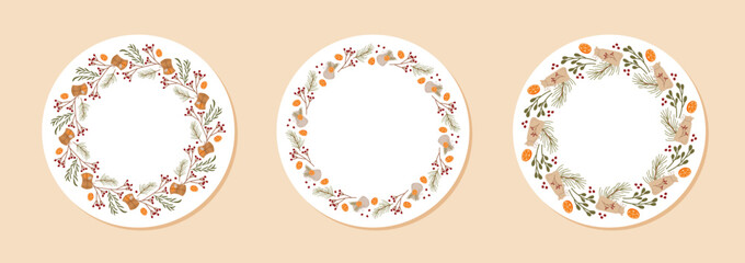 Set of flat round wreath decoration with xmas garland and branch, pine and berry in circle. Christmas box kraft gift in ornament style, natural decor for rustic winter holiday concepts.