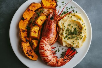 Gourmet lobster tail with mashed potatoes and roasted squash