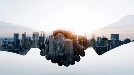 Handshake over city skyline at sunrise, double-exposure blending hands and urban towers, warm sun flare and modern network overlay conveying professional - Powered by Adobe