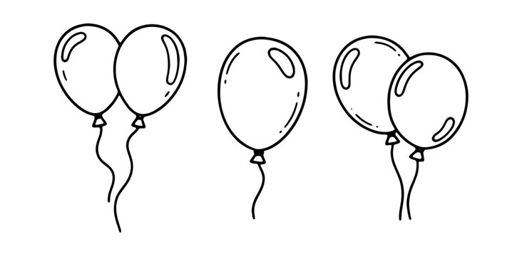 Party balloons doodle vector set. Hand drawn floating air balls for celebration. Black and white sketch illustrations for birthday, carnival and holiday decoration