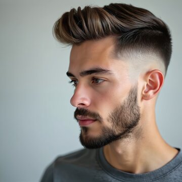 Young man with stylish fade haircut and beard posing. He has neat eyebrows and brown eyes, looking to the side with a serious expression. Grey t-shirt, light background. Sharp portrait.