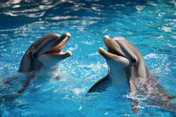 Two dolphins playfully swimming in sparkling blue water
