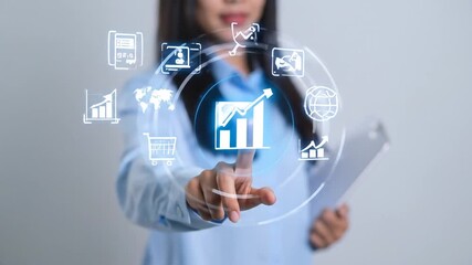 Woman Interacting with Digital Business Growth Interface on Tablet