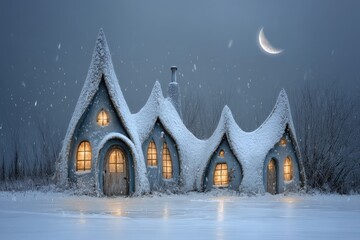 A cozy, snow-covered cottage stands in a serene winter landscape. Soft light glows from its windows, while a crescent moon hangs in the night sky. Snowflakes gently fall around the peaceful scene.