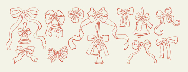 Christmas bow and bell hand-drawn set. Whimsical vintage Xmas decor for greeting card, party invitation, Holiday decorations, and gift wrap. Vector doodle charcoal sketches of a ribbon bow and bells.