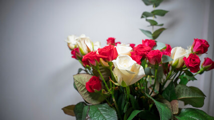 A lush, romantic bouquet featuring rich red and pure white roses intertwined with eucalyptus leaves, perfect for expressing love, celebration, or luxury.