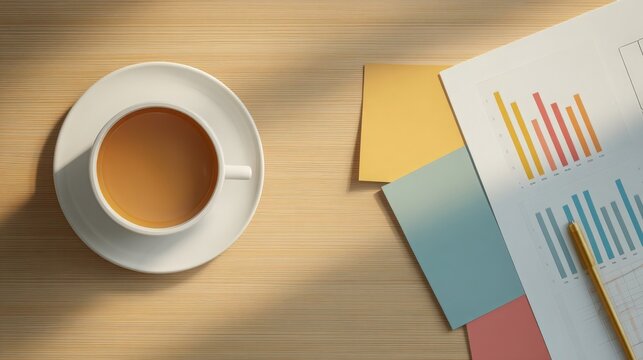 A warm cup of coffee sits on a wooden desk beside colorful papers and statistical charts. Sunlight casts soft shadows, creating a calm work atmosphere perfect for productivity.