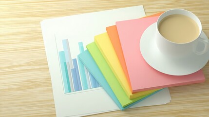 A cozy wooden desk displays a cup of coffee next to vibrant paper sheets and a printed chart. The setup invites creativity and focus for work or study moments.