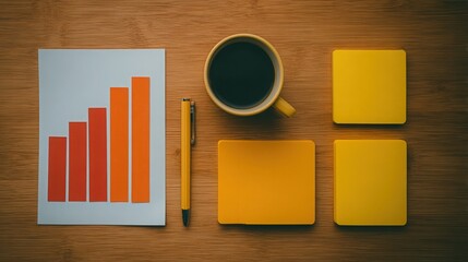 A productive workspace features a colorful bar chart, a cup of coffee, and bright sticky notes. A yellow pen complements the organized setup, creating an inviting environment for work.