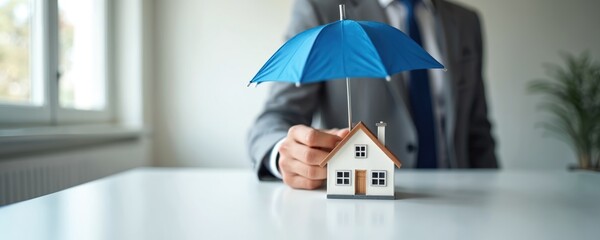 A person in a suit holds a small house model under a blue umbrella, symbolizing property protection and security. This visual represents insurance coverage and safety for homes.