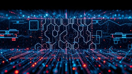 digital virtual data network circuit line pathway floating on neon virtual particle matrix landscape