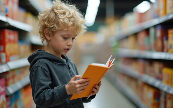 Young boy carefully reads product ingredient label in supermarket. Kid makes informed food choice. Child studies book near shelves. Boy with allergies needs to read package content. - Powered by Adobe