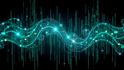 digital matrix wave waveform signal with data particle stream flow curve dynamic motion