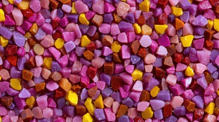 Bright and colorful candy sprinkles in various shapes and sizes fill the surface. These tiny pieces come in shades of pink, purple, yellow, and red, making them perfect for festive treats.