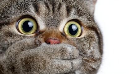 A gray tabby cat with large, expressive eyes covers its mouth with its paw. The cat appears surprised, sitting against a plain white background. Its playful expression adds a lighthearted touch.