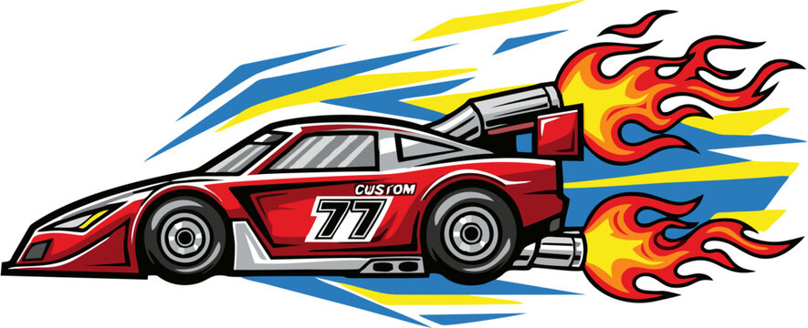 Cool Cartoon Race Car Speeding with Flames Vector Illustration