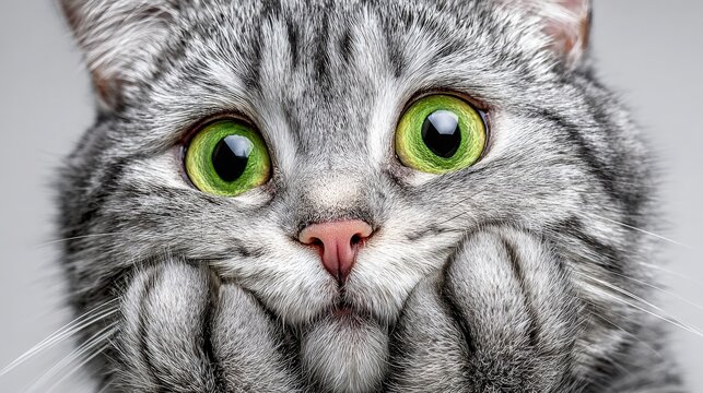 A gray cat with striking green eyes rests its paws on its face, exhibiting a surprised expression. The soft fur and intense gaze create an adorable and endearing moment captured in detail. - Powered by Adobe