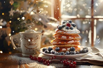 Festive pancakes with berries and cream