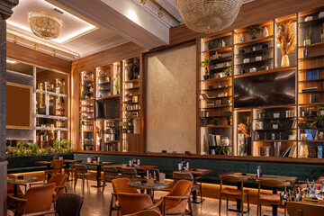 Coffee shop with modern design, velvet seating, and wooden accents