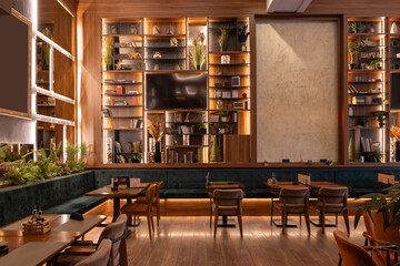 Restaurant interior featuring wooden furniture, soft lighting, and timeless design