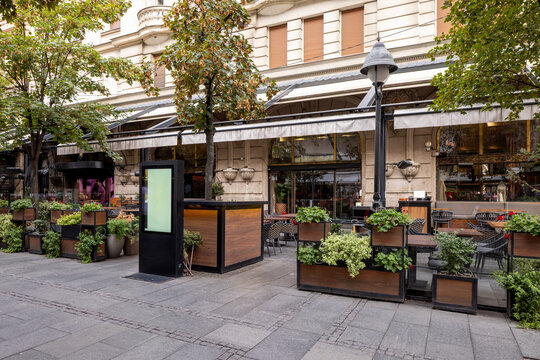 Outdoor cafe terrace on a city street with tables, chairs, greenery, and large trees providing shade