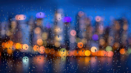 Bright city lights shine through a rainy window at night, creating a vibrant bokeh effect with reflections and blurred shapes. The scene captures the beauty of urban life in wet weather.