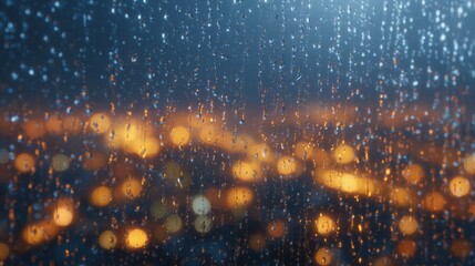 Raindrops cling to a window, distorting the vibrant orange city lights below. The scene captures a moody atmosphere during a rainy night, highlighting the beauty of urban life in wet weather.