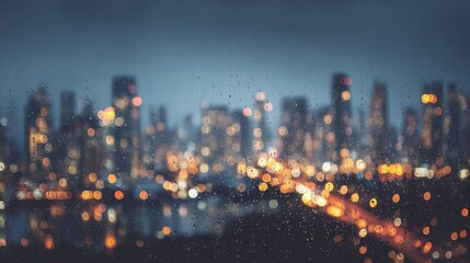 Raindrops cling to a window, softening the city skyline in the background. Bright lights from buildings and streets create a warm glow against the evening sky, giving a tranquil urban vibe.