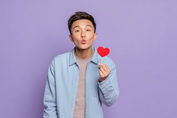 Smiling Young Man Holding Red Heart and Sending Kiss on Purple Background