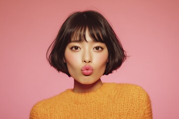 Woman Making Kiss Face in Cozy Yellow Sweater on Pink Background