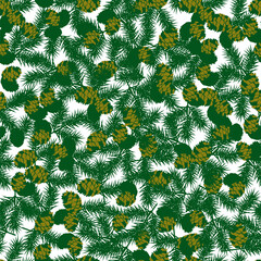 Fir cones and branches. Christmas gift wrapping, fabric, textile and wallpaper.